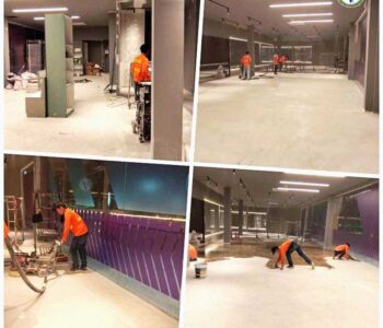 ทีมช่าง SOV เตรียมพื้นผิวสำหรับติดตั้งพื้น PU MF ภายในฟิตเนส
