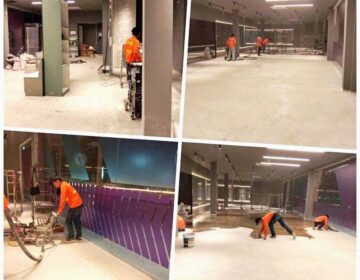 ทีมช่าง SOV เตรียมพื้นผิวสำหรับติดตั้งพื้น PU MF ภายในฟิตเนส